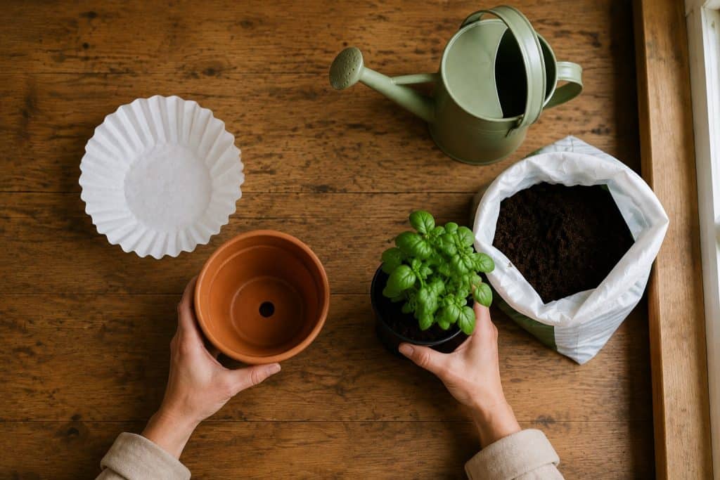 Overhead view of a terracotta pot, paper coffee filter, basil, potting mix and watering can on a kitchen table.