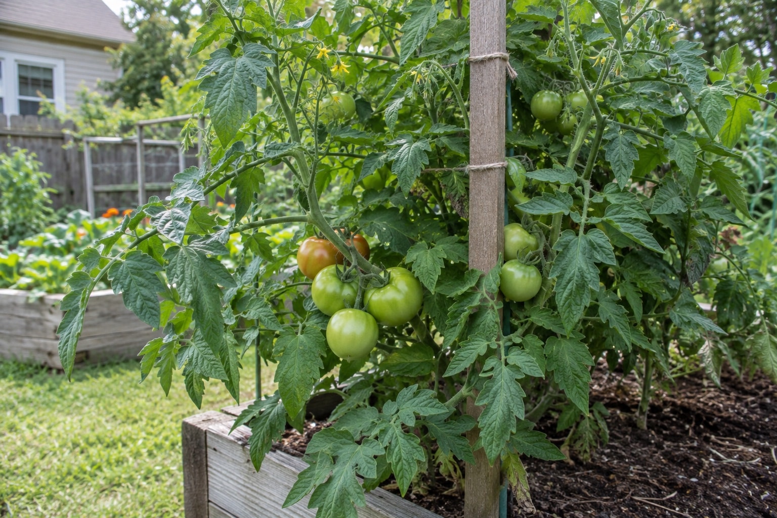 A staked tomato plant with leafy growth and clusters of green and ripening fruit (AI-generated illustration).