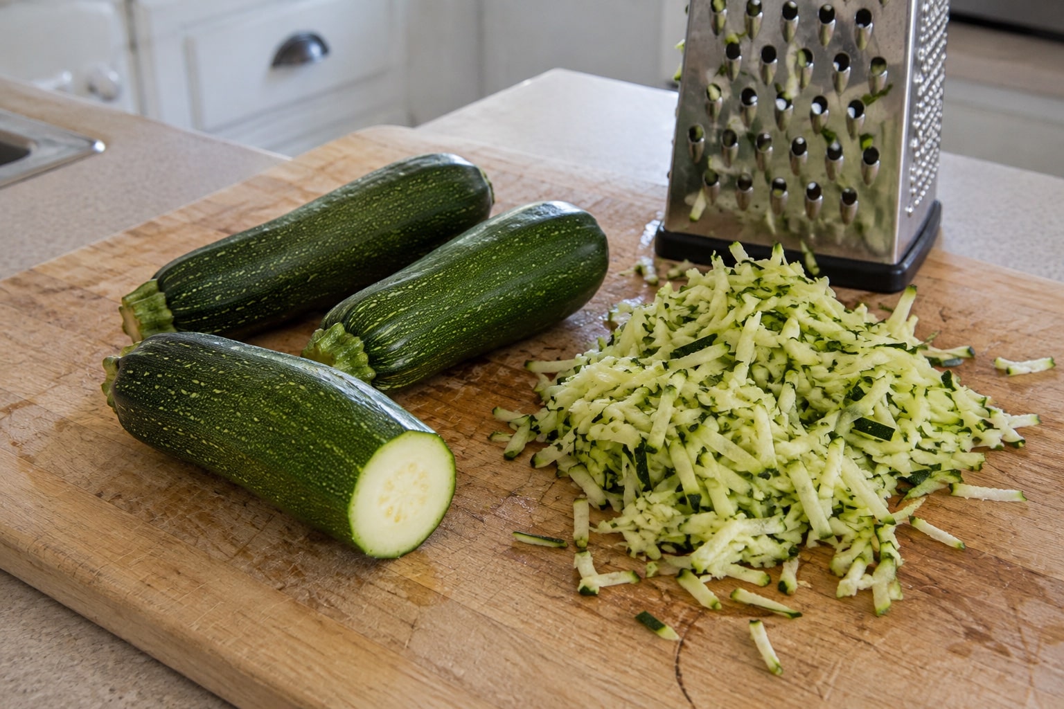Whole and freshly grated zucchini on a wooden board beside a box grater (AI-generated illustration).
