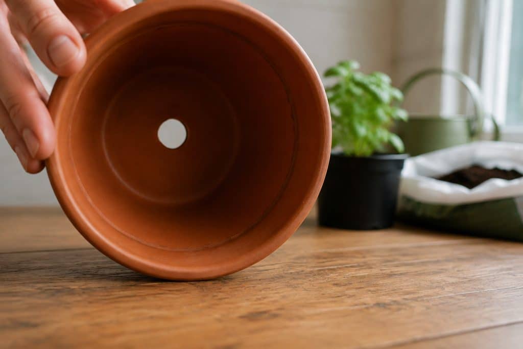Low-angle close-up of the single drainage hole inside an empty terracotta pot.