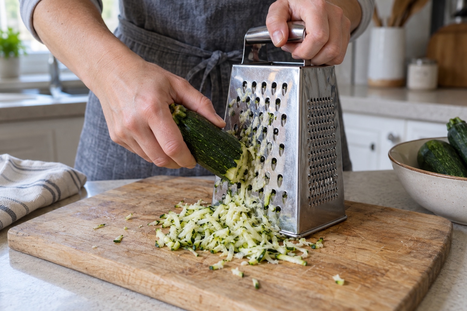 Hands grating zucchini on the coarse side of a box grater (AI-generated illustration).