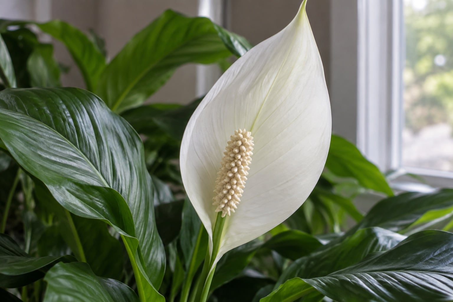 White peace lily spathe and cream spadix surrounded by green leaves (AI-generated illustration).