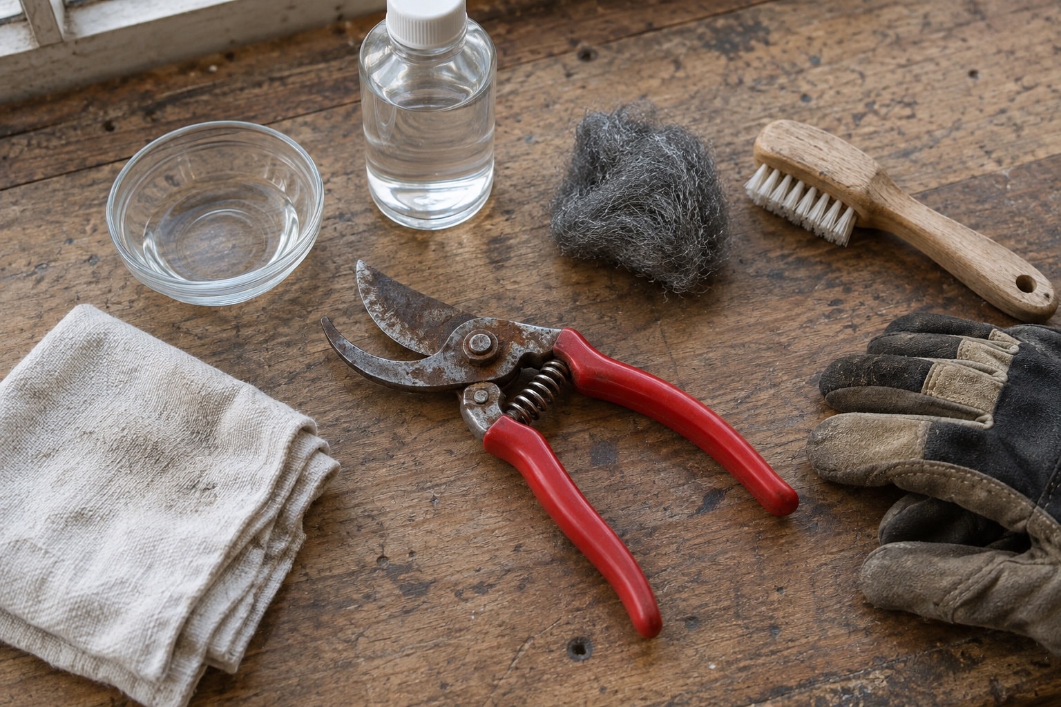 Pruners, a clear bottle, glass dish, fine steel wool, brush, cloth, and gloves on a workbench (AI-generated illustration).