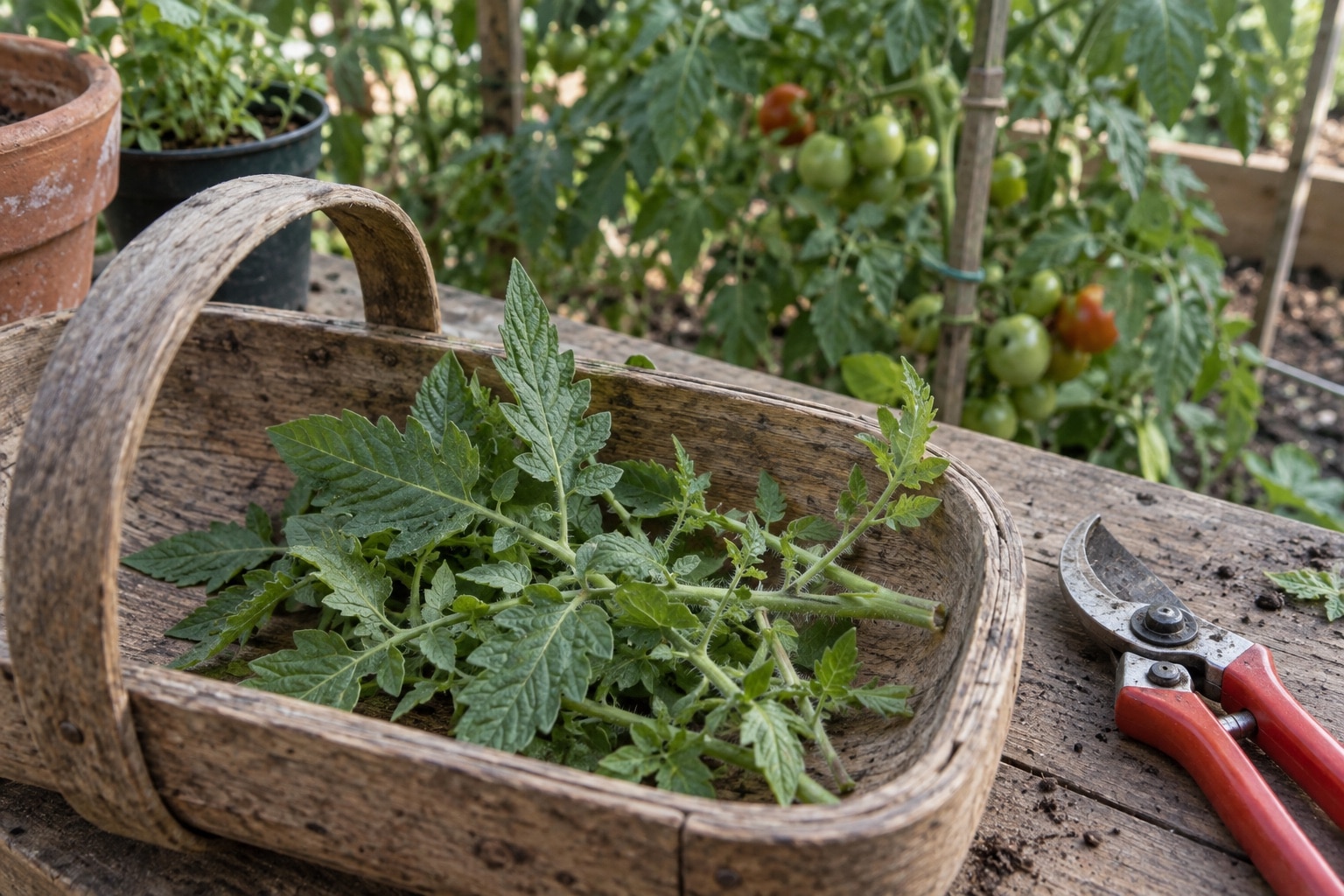 Fresh tomato trimmings in a wooden garden trug beside pruning shears (AI-generated illustration).