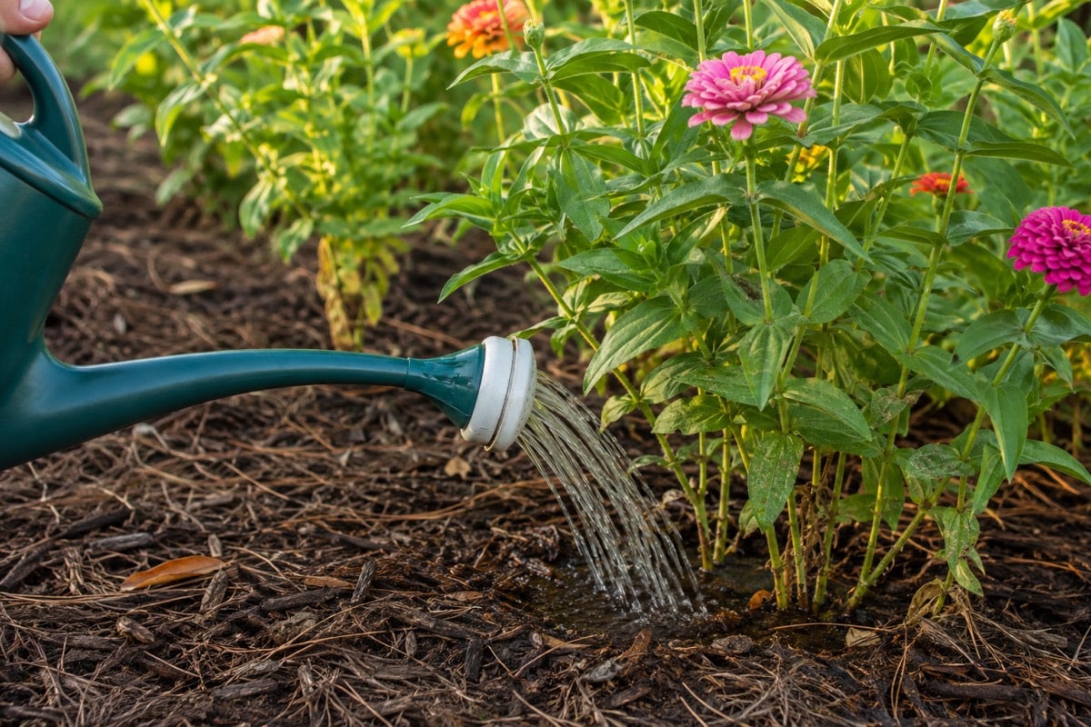 Watering established zinnias slowly at the soil line with a watering can