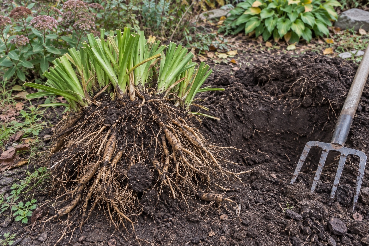 A lifted daylily clump with shortened leaves and soil-covered fleshy roots beside a digging fork (AI-generated illustration).