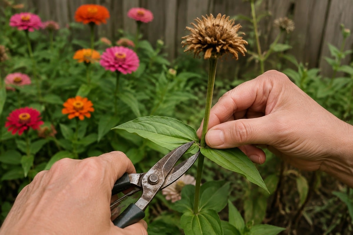 Gardener deadheading a faded zinnia by cutting the stem above a healthy pair of leaves