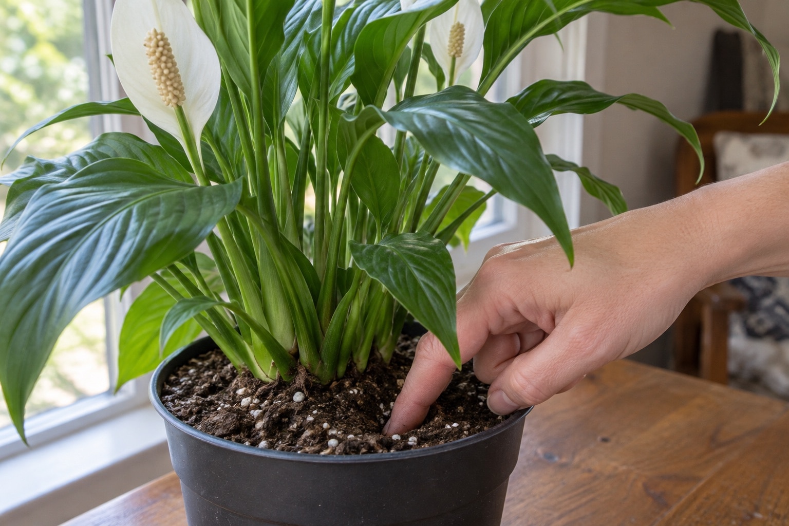 Finger checking the top layer of potting mix beside a peace lily (AI-generated illustration).