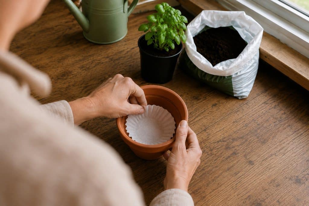Over-the-shoulder view of a gardener placing one paper coffee filter inside a terracotta pot.