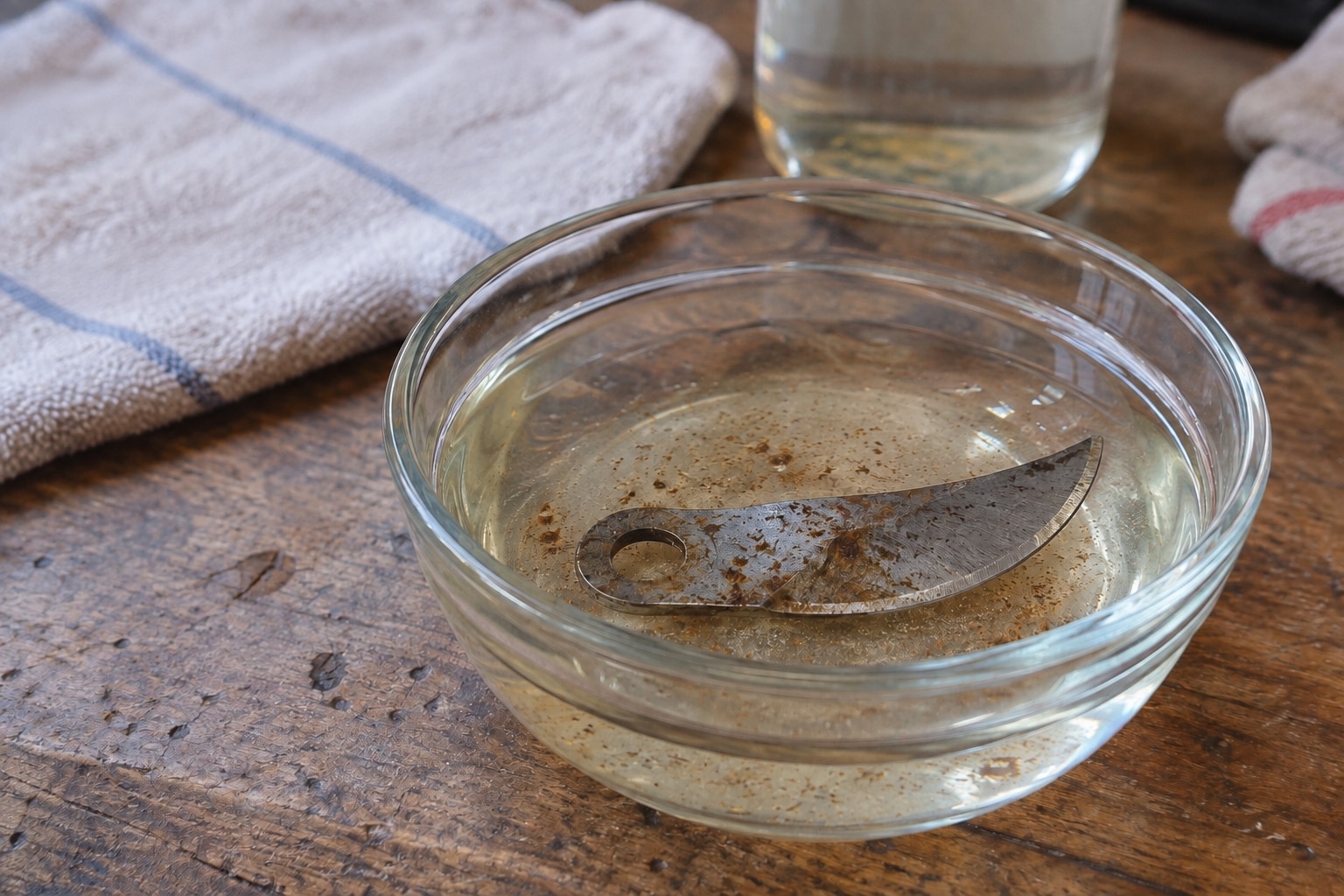 Detached curved steel pruner blade soaking in clear liquid in a glass dish (AI-generated illustration).