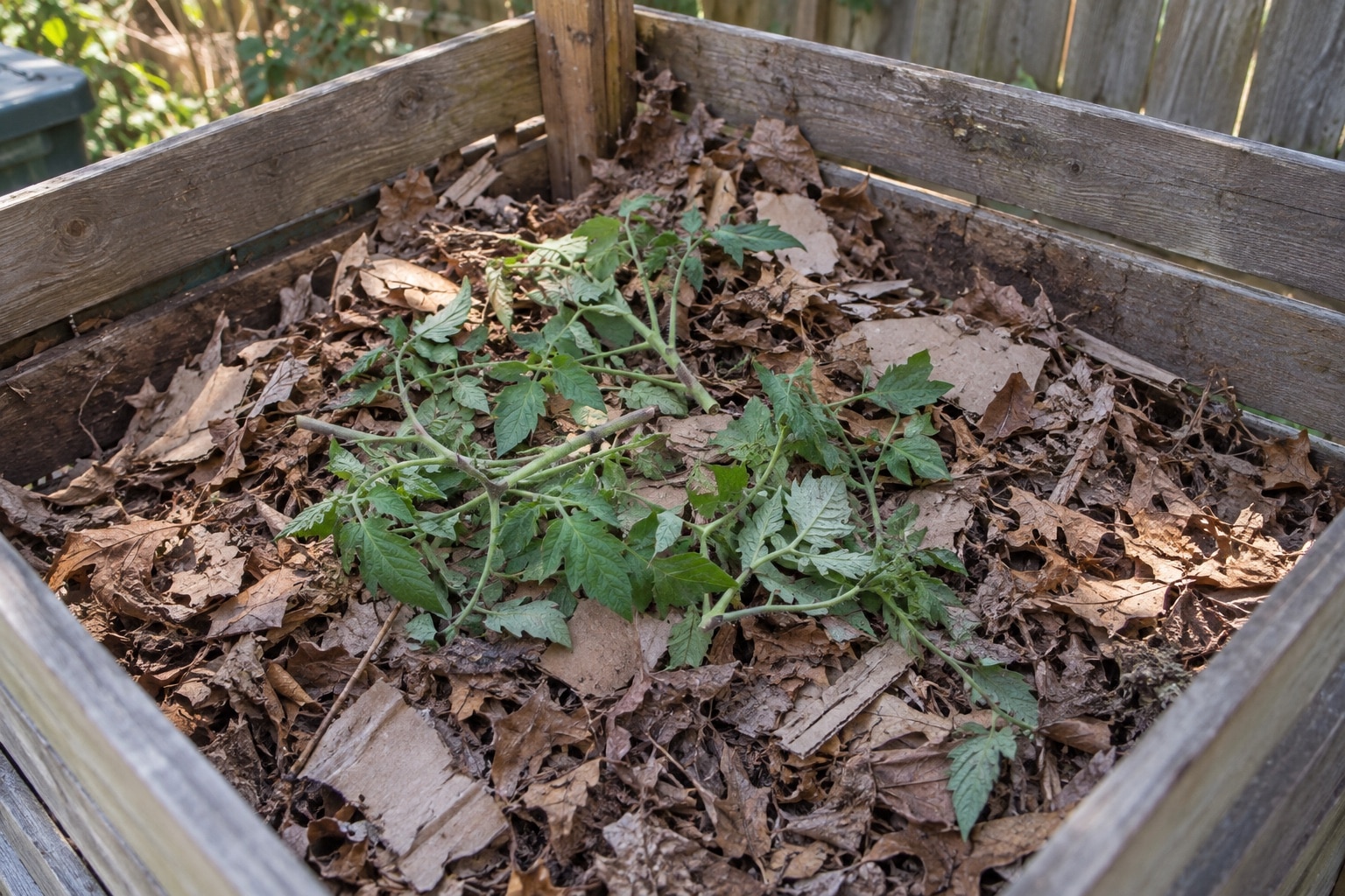 Green tomato foliage resting on dry brown leaves and cardboard in a wooden compost bin (AI-generated illustration).