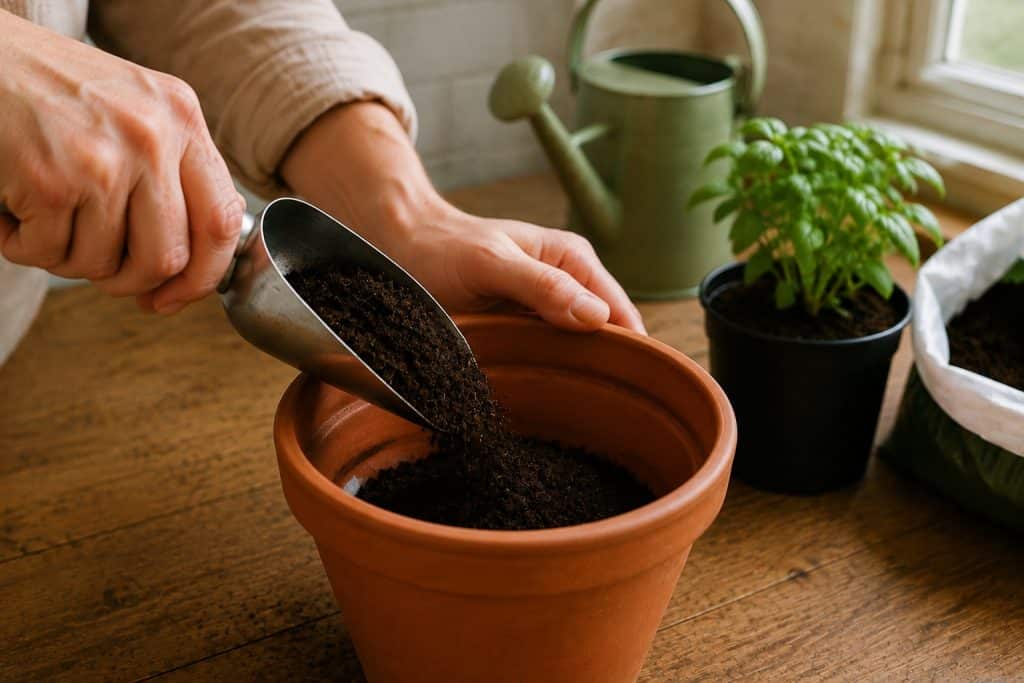 Side view of a gardener adding container potting mix over the coffee filter.