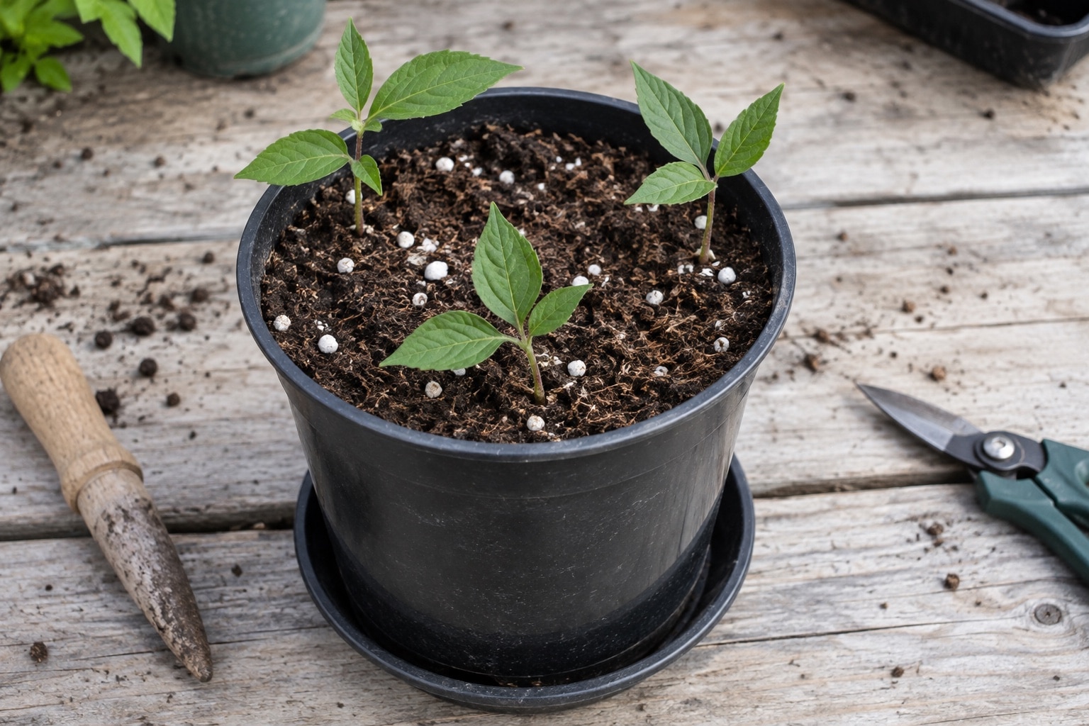 Three small clematis cuttings spaced in a nursery pot of perlite-containing propagation mix (AI-generated illustration).