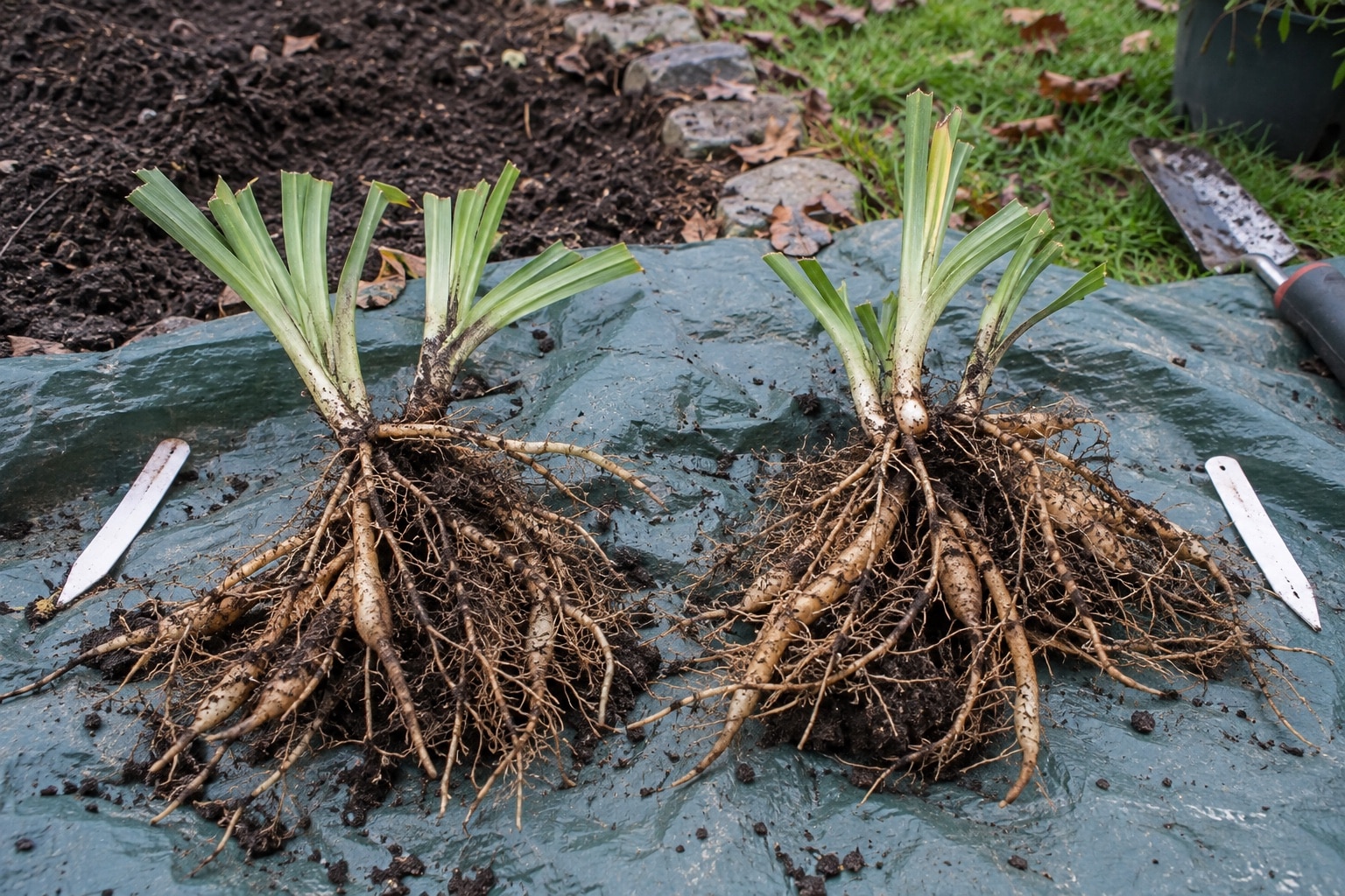Two daylily divisions with shortened green leaves and attached roots on a garden tarp (AI-generated illustration).
