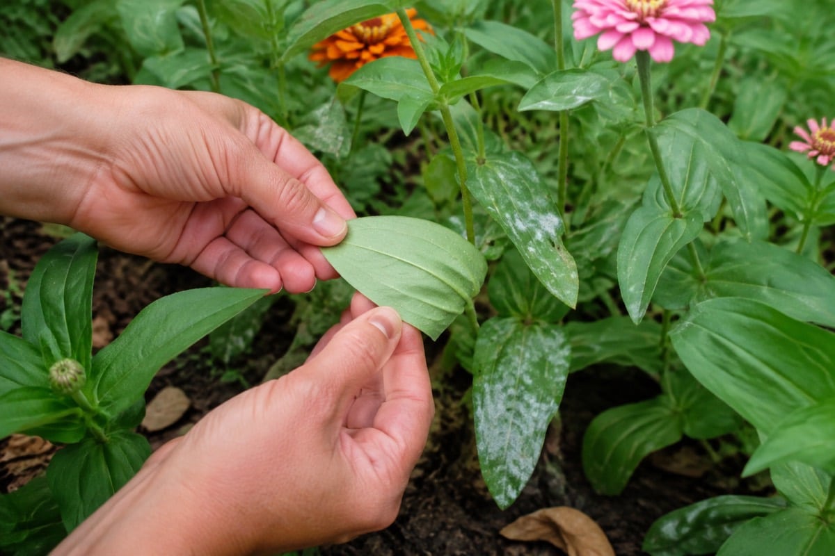 Gardener checking zinnia leaves for powdery mildew and spider-mite damage