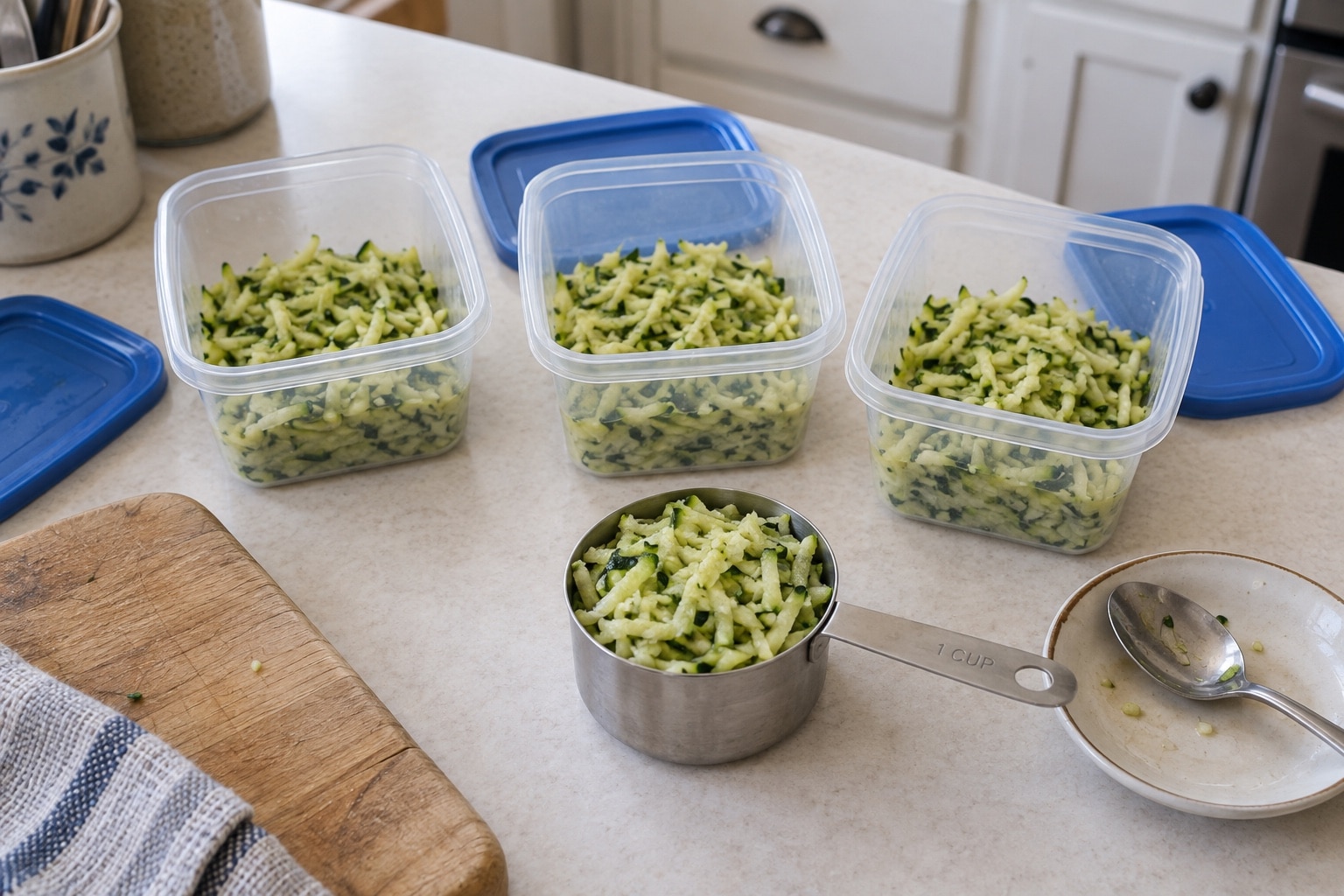 A measuring cup of grated zucchini beside three portioned freezer containers (AI-generated illustration).