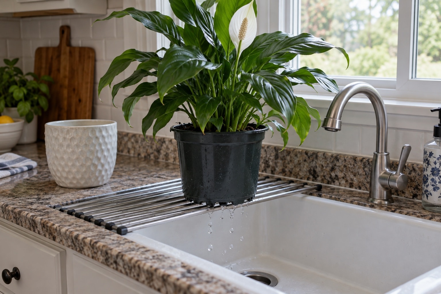 Peace lily nursery pot draining on a rack over a sink, with its outer pot set aside (AI-generated illustration).