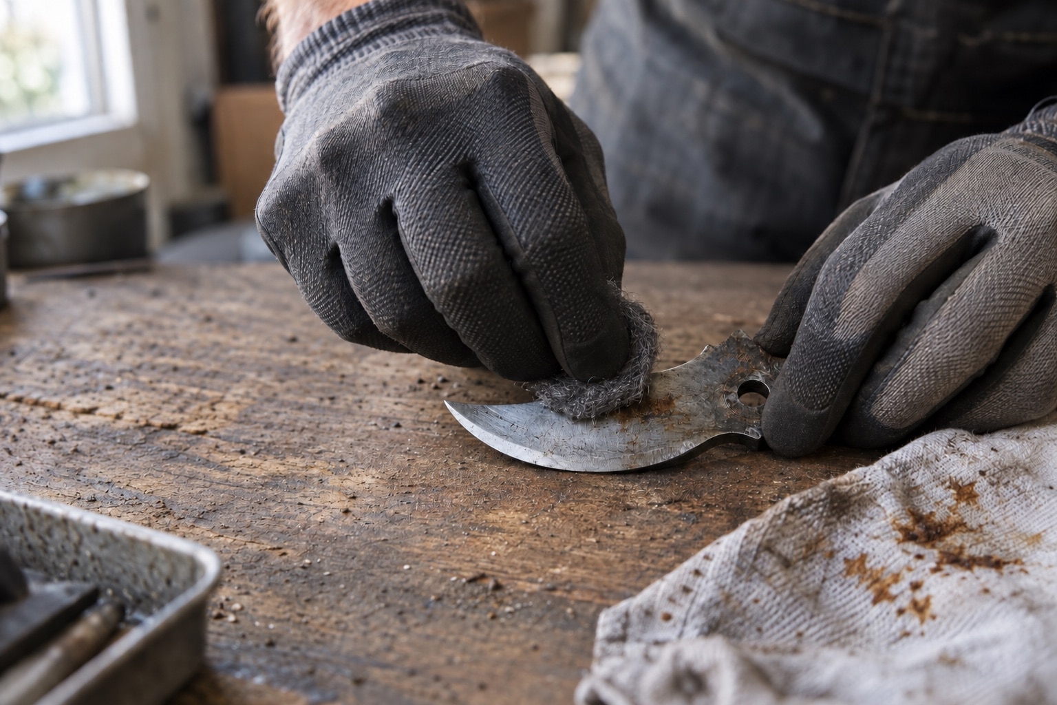 Gloved hands rubbing fine steel wool on the face of a detached pruner blade (AI-generated illustration).