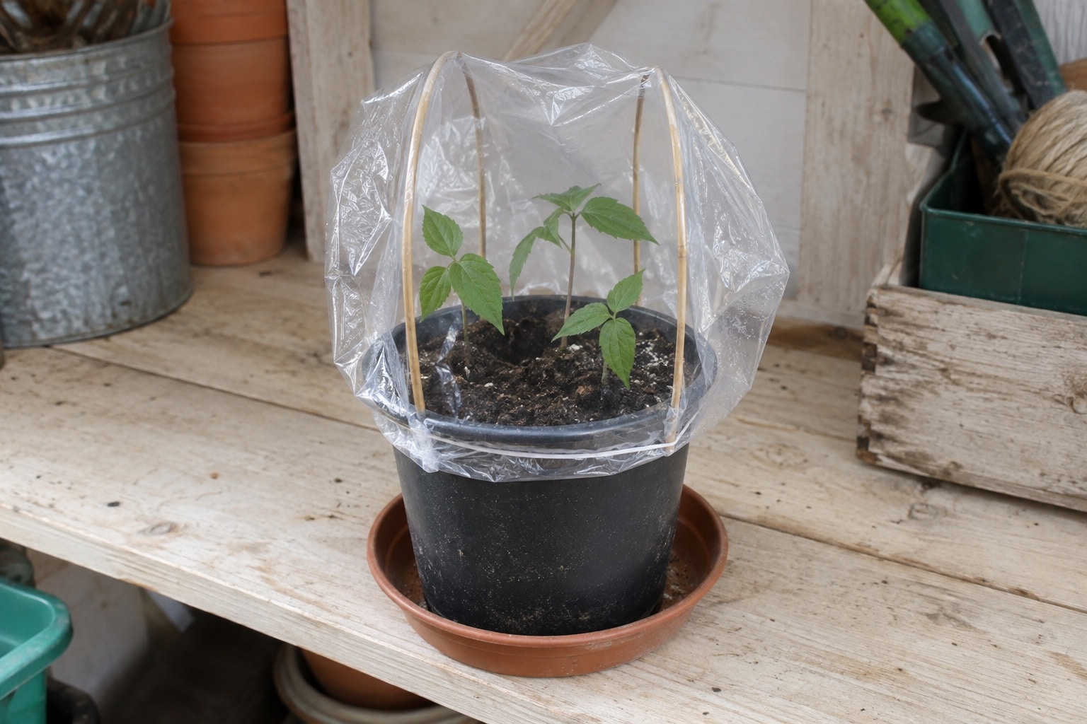 Clematis cuttings beneath a supported clear humidity bag in indirect light (AI-generated illustration).