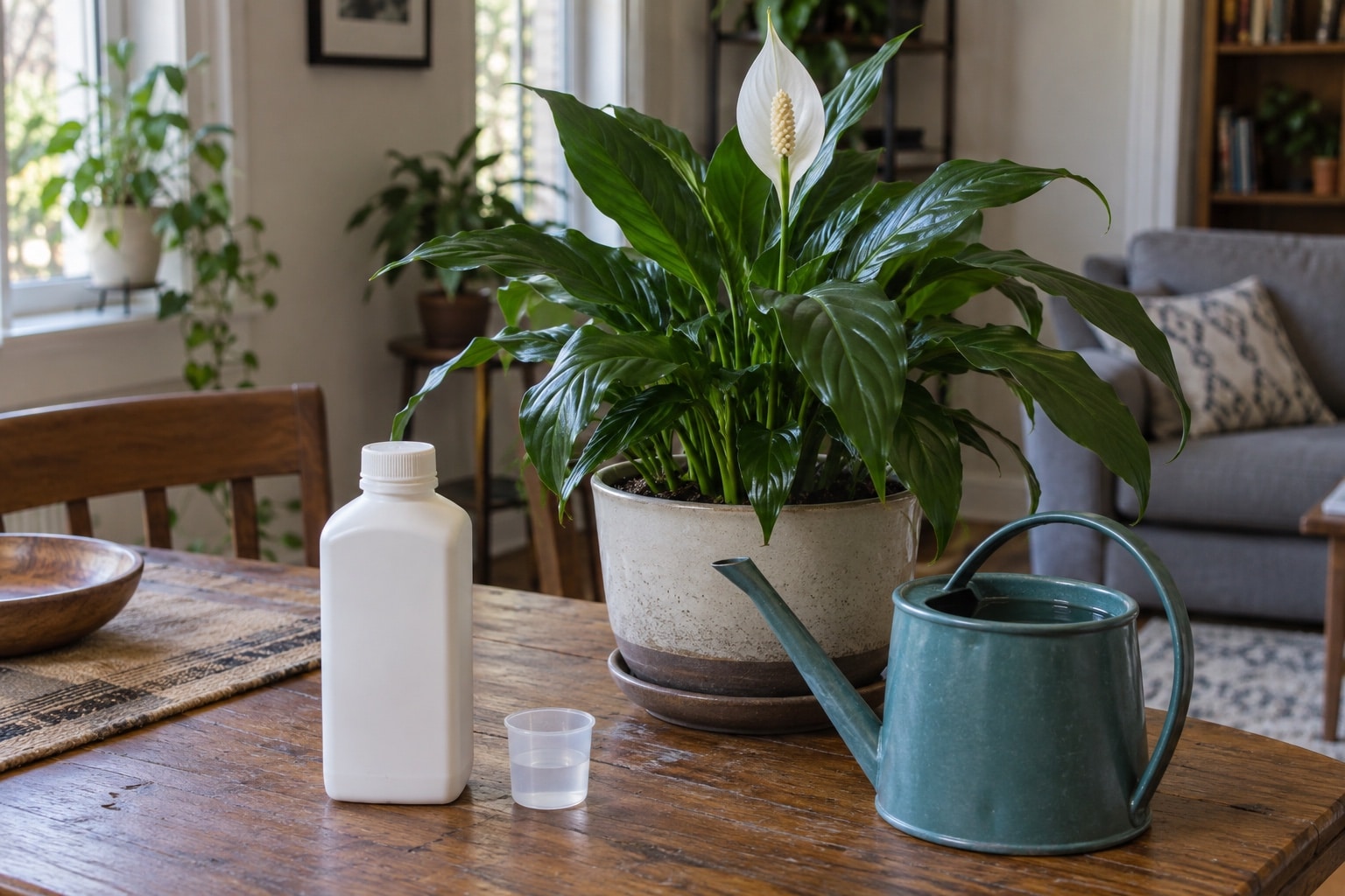 Watering can, measuring cap, and unbranded bottle beside a potted peace lily (AI-generated illustration).