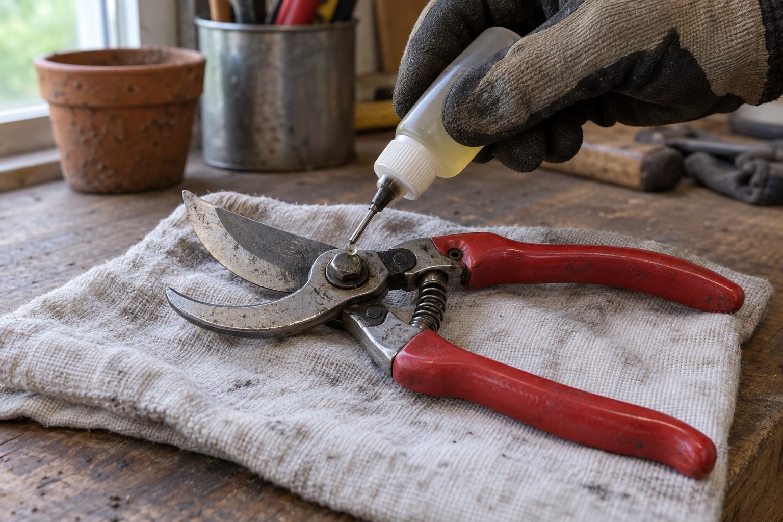 A drop of maintenance oil being applied to the pivot of red-handled pruners (AI-generated illustration).