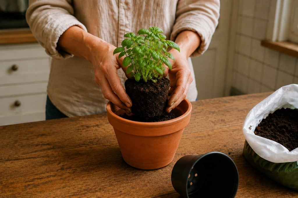 Front view of a gardener lowering a basil root ball into a terracotta pot.