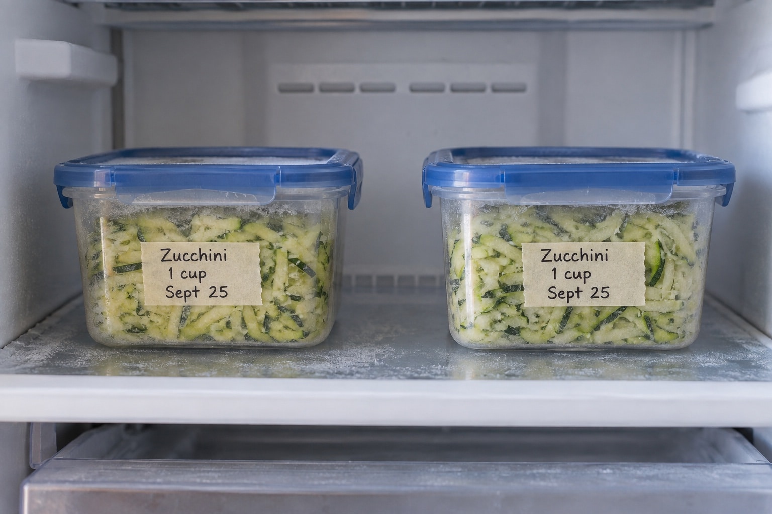 Two sealed, labeled containers of grated zucchini spaced apart on a freezer shelf (AI-generated illustration).
