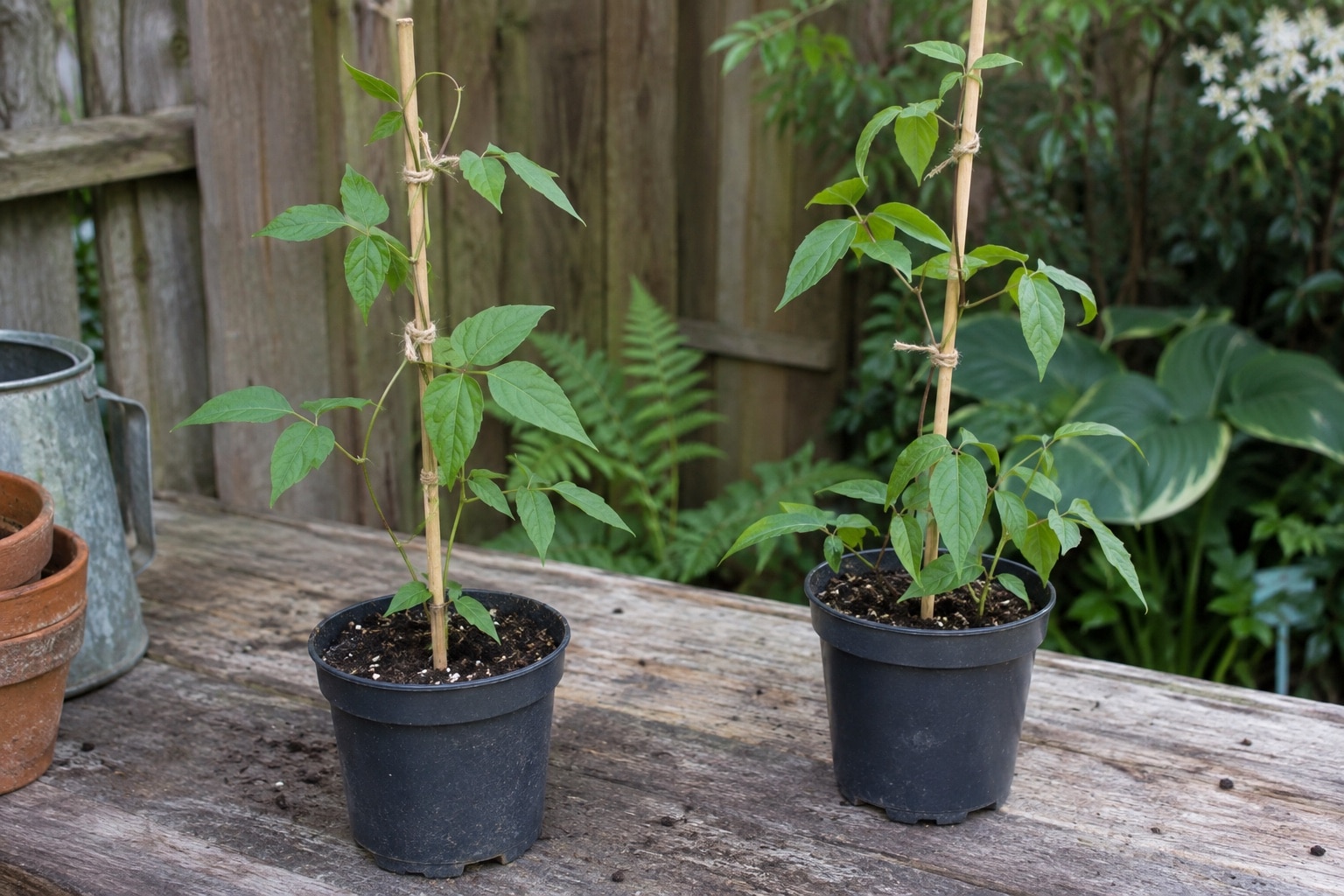 Two young clematis plants in individual nursery pots with bamboo supports (AI-generated illustration).