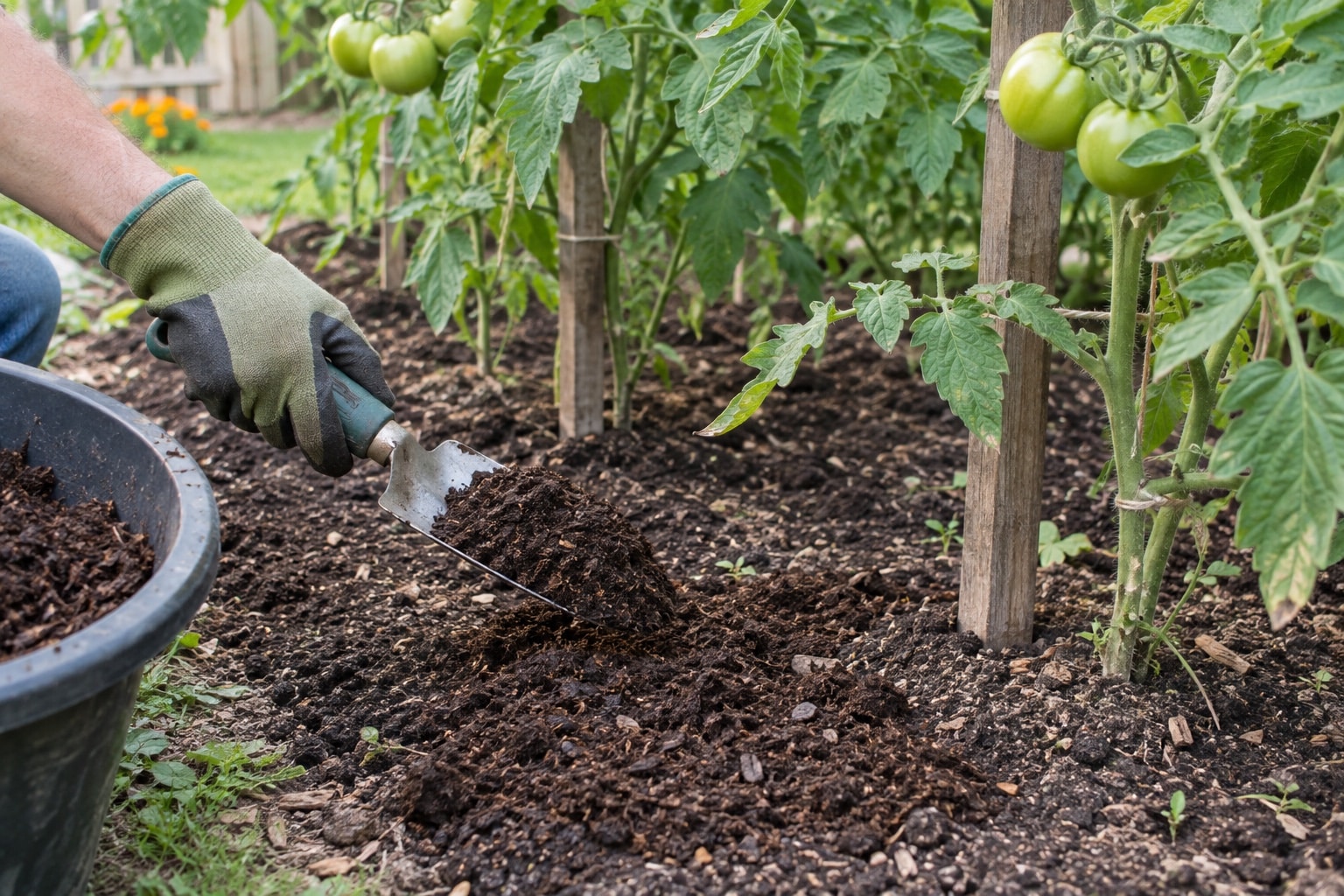 A gloved hand spreading compost on soil beside staked tomato plants (AI-generated illustration).