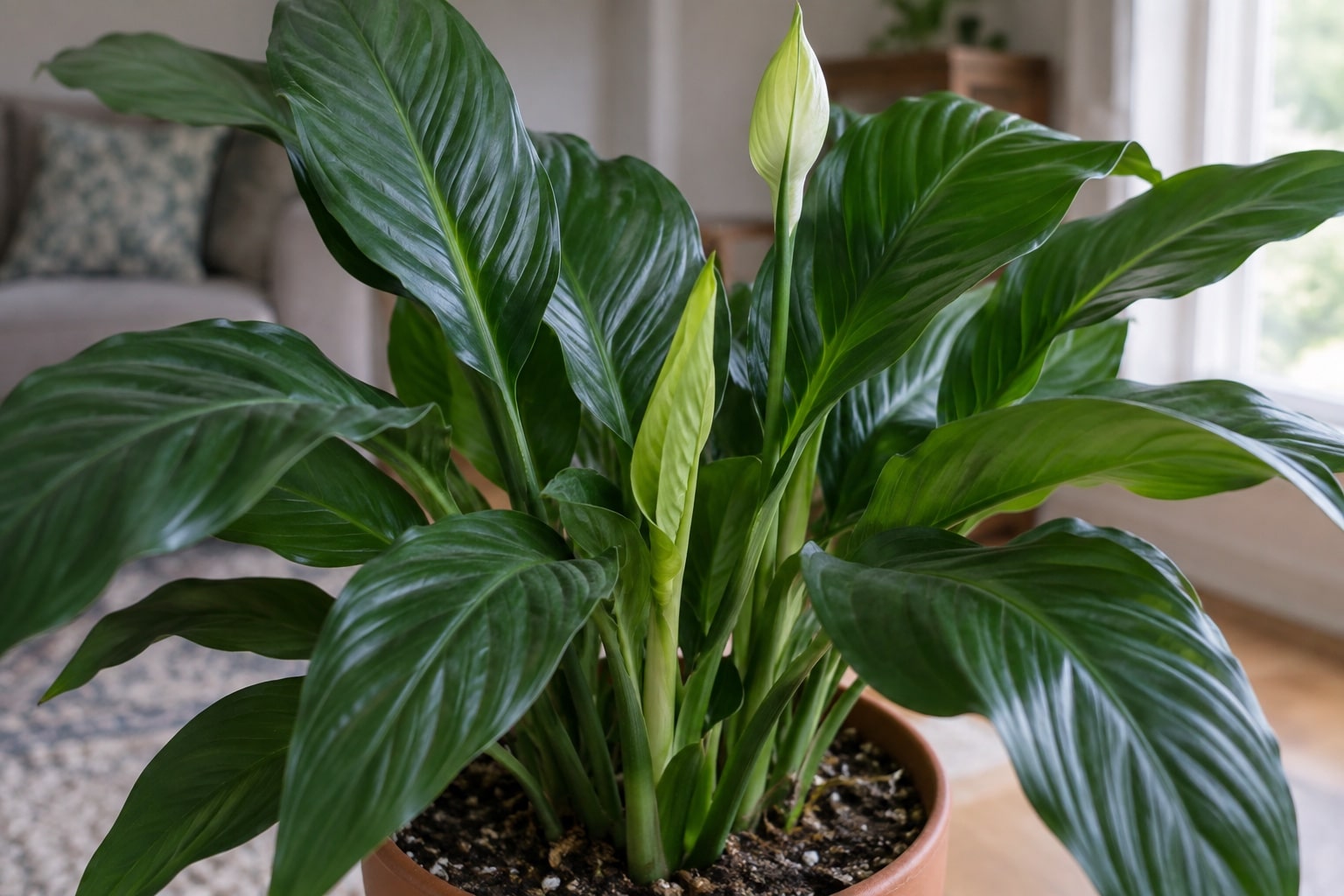 Unfurling pale green peace lily leaf and developing spathe among mature foliage (AI-generated illustration).