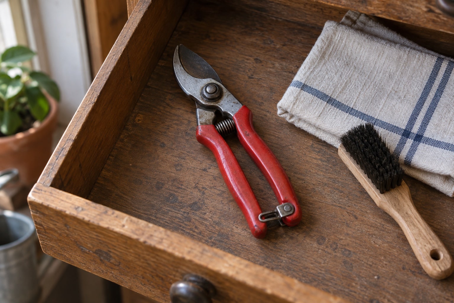 Closed and latched pruners in a dry wooden drawer beside a cloth and brush (AI-generated illustration).