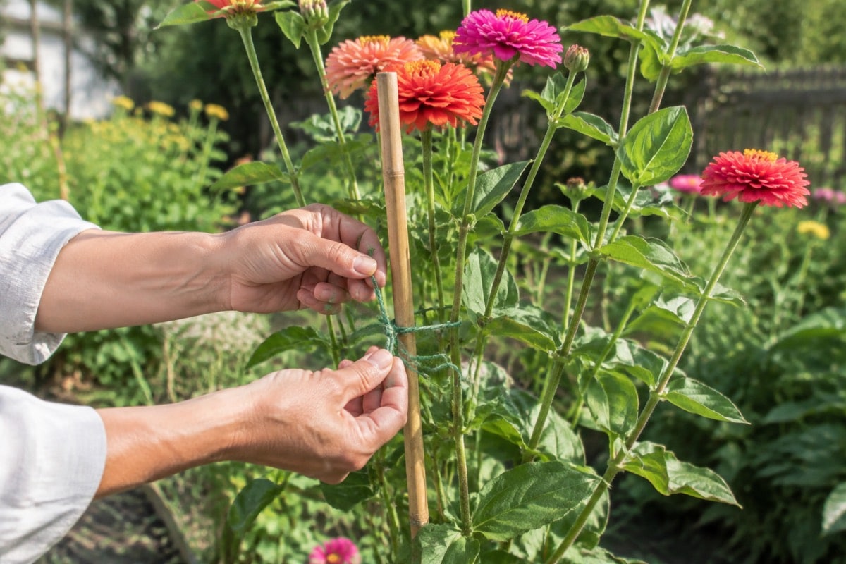 Gardener loosely tying tall zinnia stems to a bamboo stake with soft garden twine