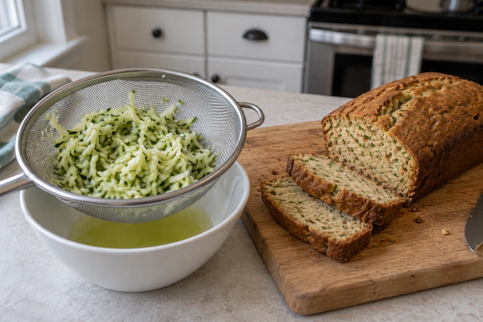 Thawed grated zucchini draining over a bowl beside sliced zucchini bread (AI-generated illustration).