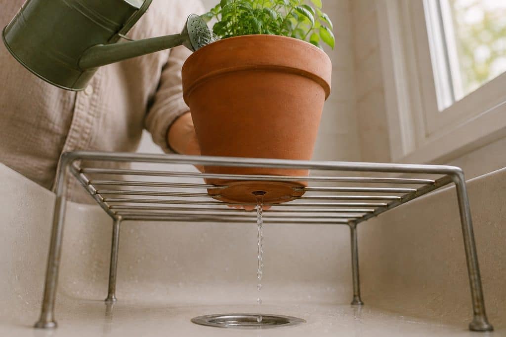 Low-angle view beneath a terracotta pot as clean water drains into a kitchen sink.