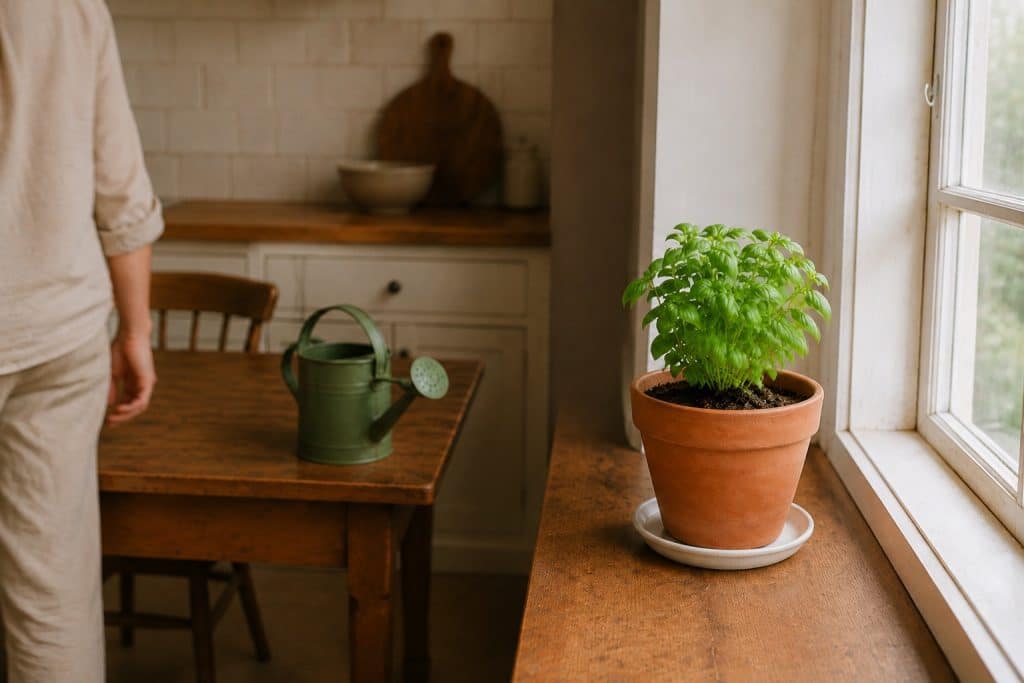 Wide kitchen view of the finished basil planter on a clean saucer by the window.