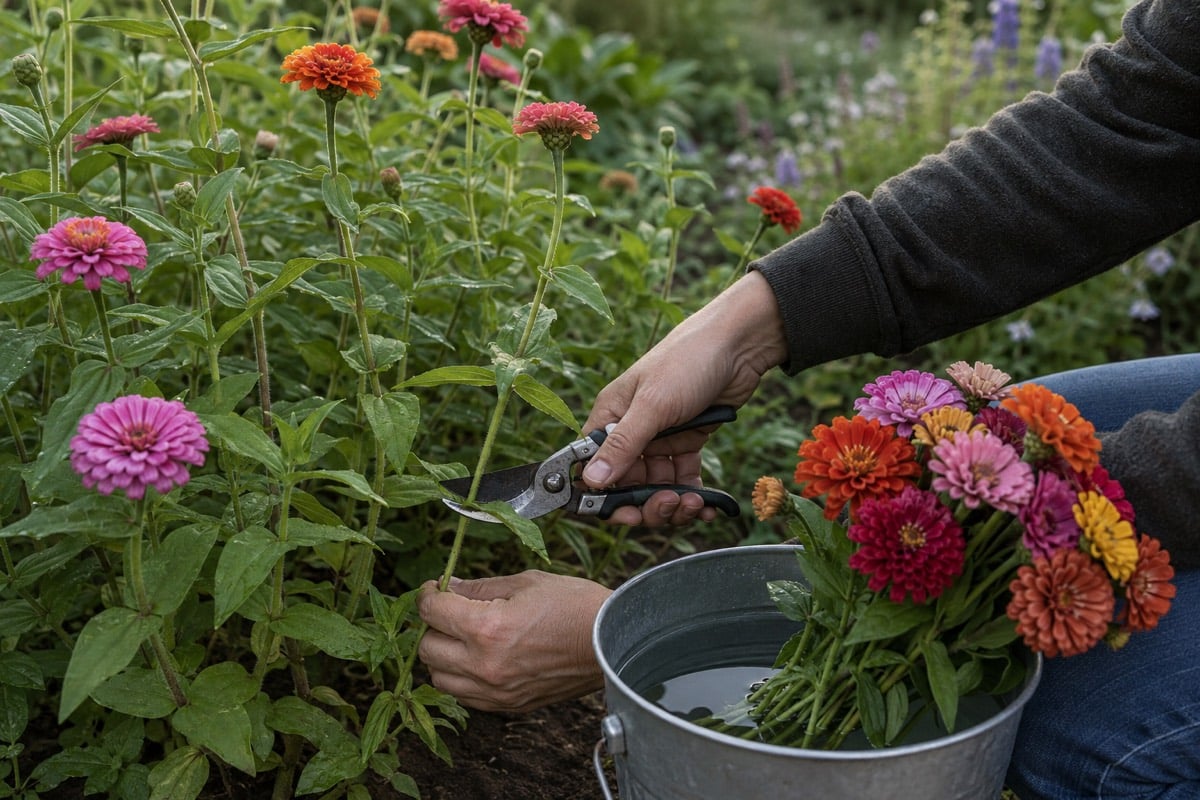Gardener cutting a zinnia stem above a leaf pair beside a bucket of fresh zinnia flowers