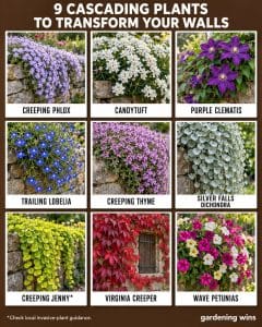 Gardening Wins guide showing nine flowering and foliage plants for garden walls.