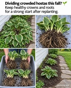 Gardening Wins graphic showing a crowded variegated hosta, exposed crowns and roots, four divisions, and replanted hostas.