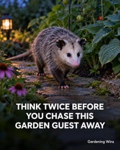 Virginia opossum walking along a garden path at night