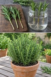 Rosemary sprigs beside a jar of rooted cuttings, above a bushy rosemary plant in a terracotta pot