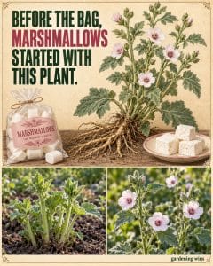 Gardening Wins artwork showing the marsh mallow plant, its roots, and marshmallow sweets.