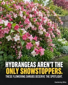 Pink and white flowering Weigela shrub illustrating alternatives to hydrangeas