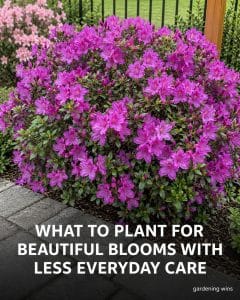 Magenta azalea blooms beside a paved garden path, with text about beautiful blooms and less everyday care.