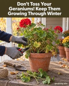 Gardening Wins graphic showing a gardener pruning a red flowering geranium in a terracotta pot before winter.