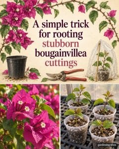Illustrated guide to bougainvillea cuttings with pink bracts, pruning shears, and a clear humidity cover.