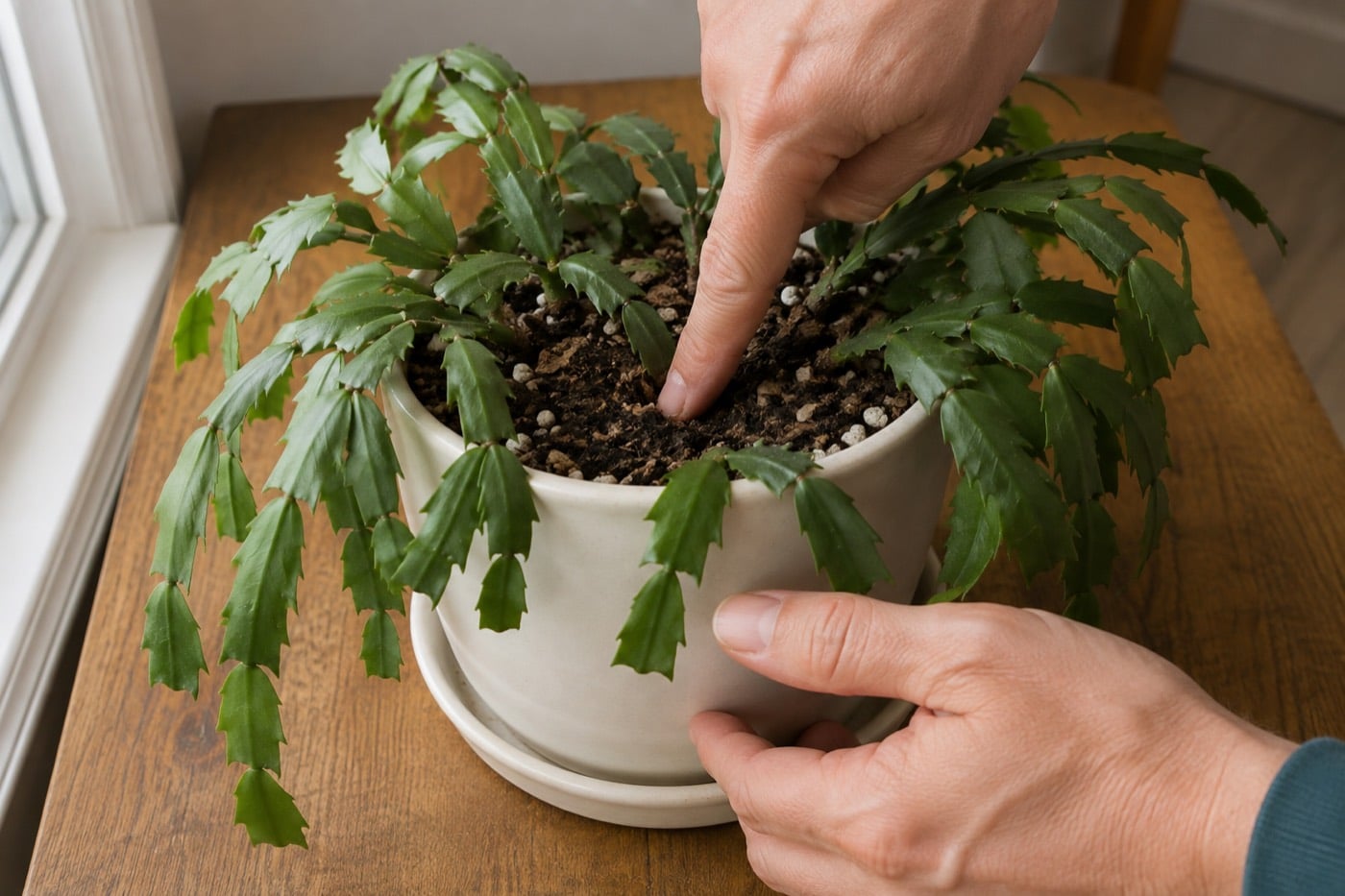 Checking soil moisture in a pot with a limp Christmas cactus