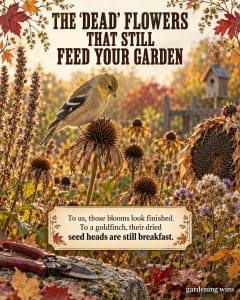 Gardening Wins graphic of a goldfinch on a dried flower head in an autumn garden, with the headline The Dead Flowers That Still Feed Your Garden
