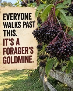 Ripe elderberries hanging from a roadside shrub beside the words Everyone walks past this. It’s a forager’s goldmine.
