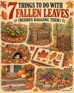 Illustrated guide showing seven uses for fallen leaves, including mulch, compost, wildlife shelter, crafts, and winter garden cover