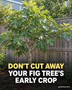 Leafy fig tree bearing green figs beside a wooden fence, with text warning not to cut away its early crop.